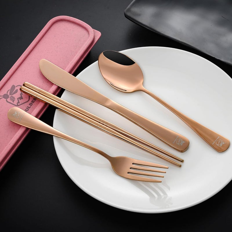 Boulder Bee Travel Utensils Set | Reusable Camping Cutlery Set | Stainless Steel Flatware Set | Portable Silverware Set with Case | Includes Knife/Fork/Spoon/Chopsticks/Cleaning Cloth/Case (Rose) - Image 3